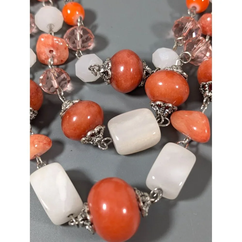 Boho Coastal Chic‎ White Orange Brown Stone Layered Necklace 17